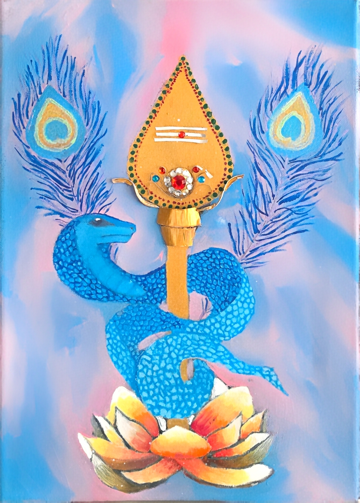 Ancestory by Shristhi Bodalia featuring a golden spear and peacock feathers