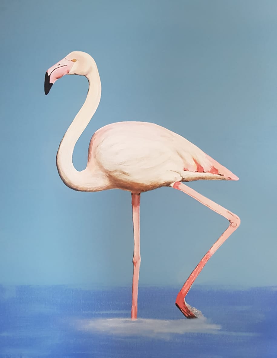 Flamingo Vibes by Marelize Huysamen - graceful flamingo against blue background