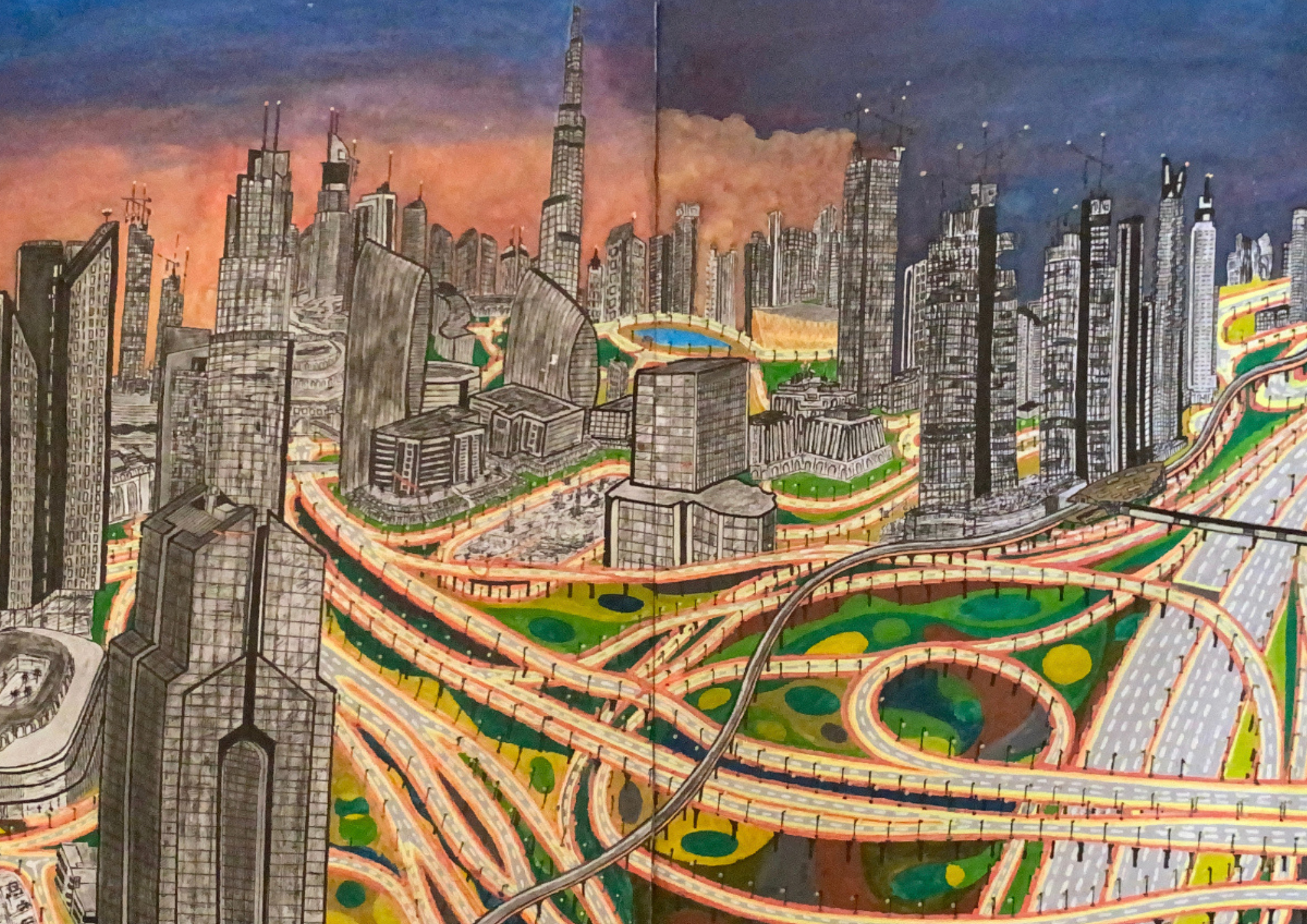 Dubai skyline at night by Muhammad Hamzah Yunus, depicting a vibrant urban night scene with skyscrapers and sunset hues