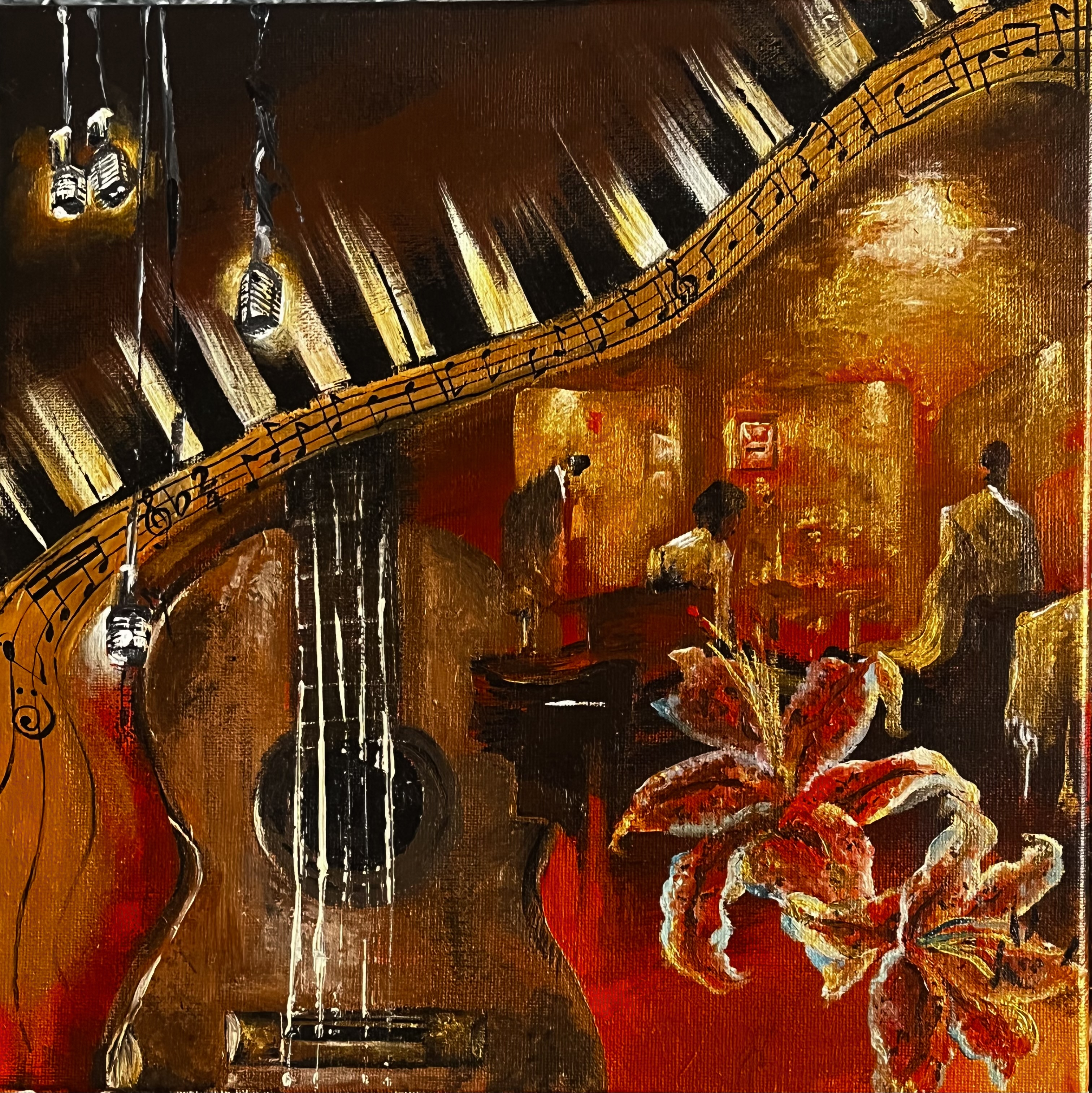 Where music blooms by Asma mustafa, featuring a large guitar with a flowing musical staff and descending piano keys