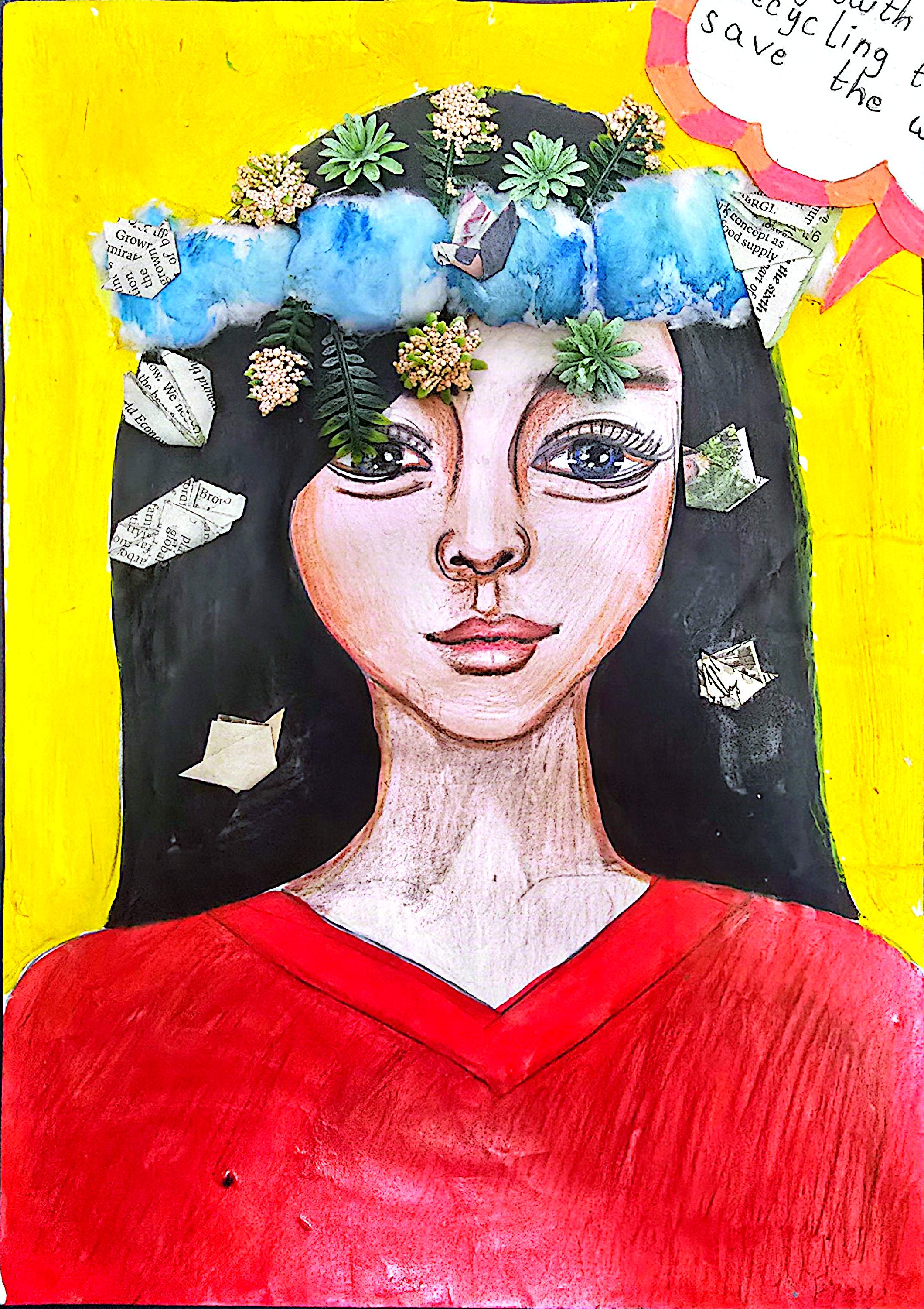 Agent of Regrowth by Freya Tavadia, featuring a character with dark hair and a vivid red attire on a yellow background