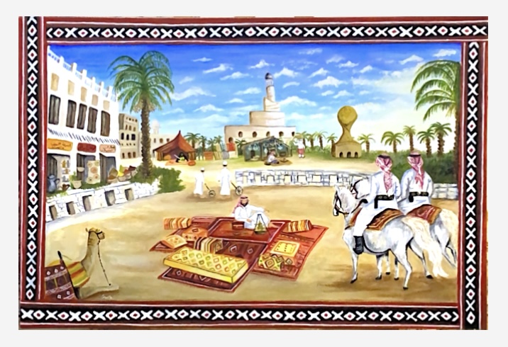 Echoes of Ancestral Hands in the Qatari Souq by Jamela Ali Mohammed Lasharpoor, vibrant traditional souq scene with artisans and textiles