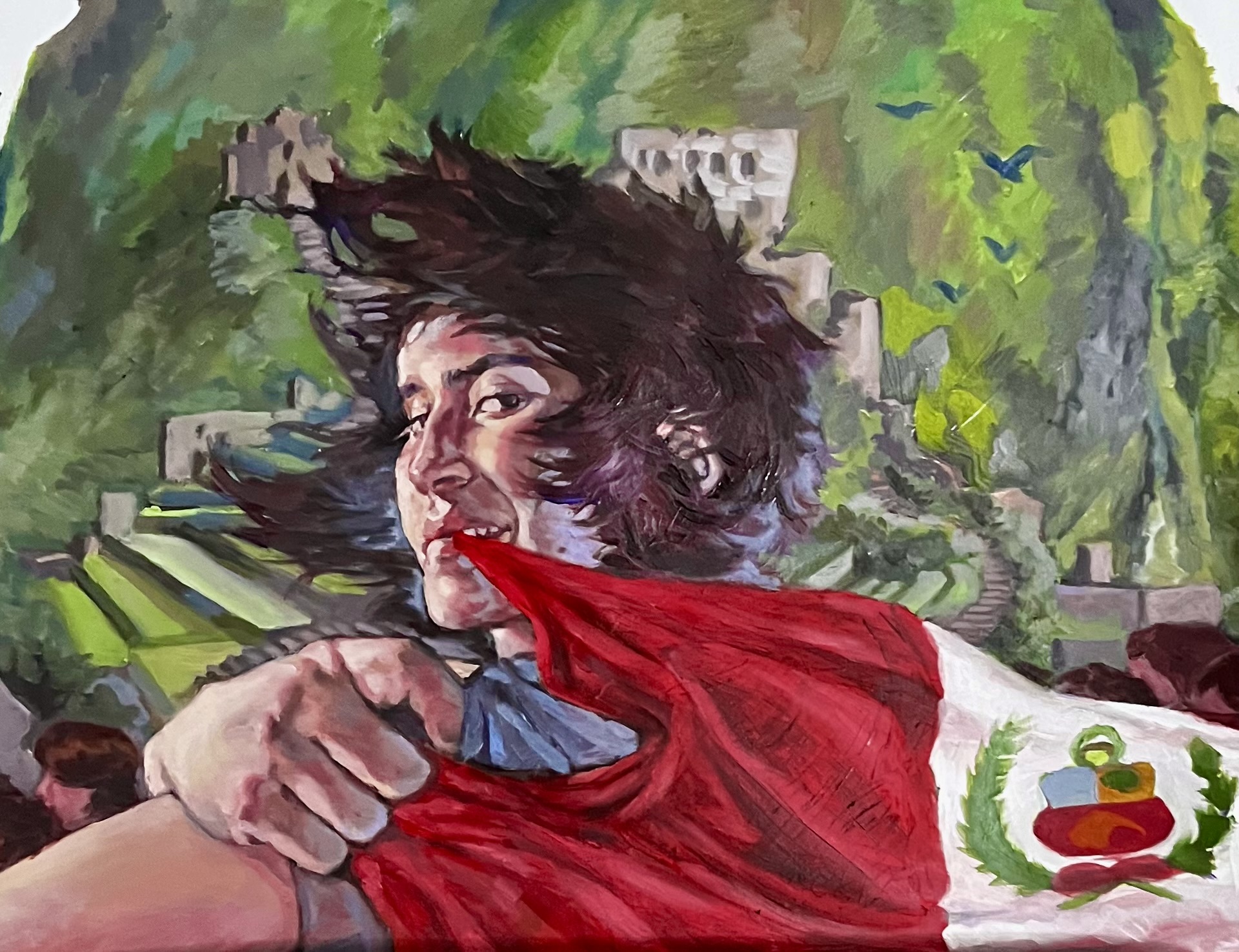 Cholo Soy by Olympia Sol Cuneo, figure with Peruvian flag in lush setting