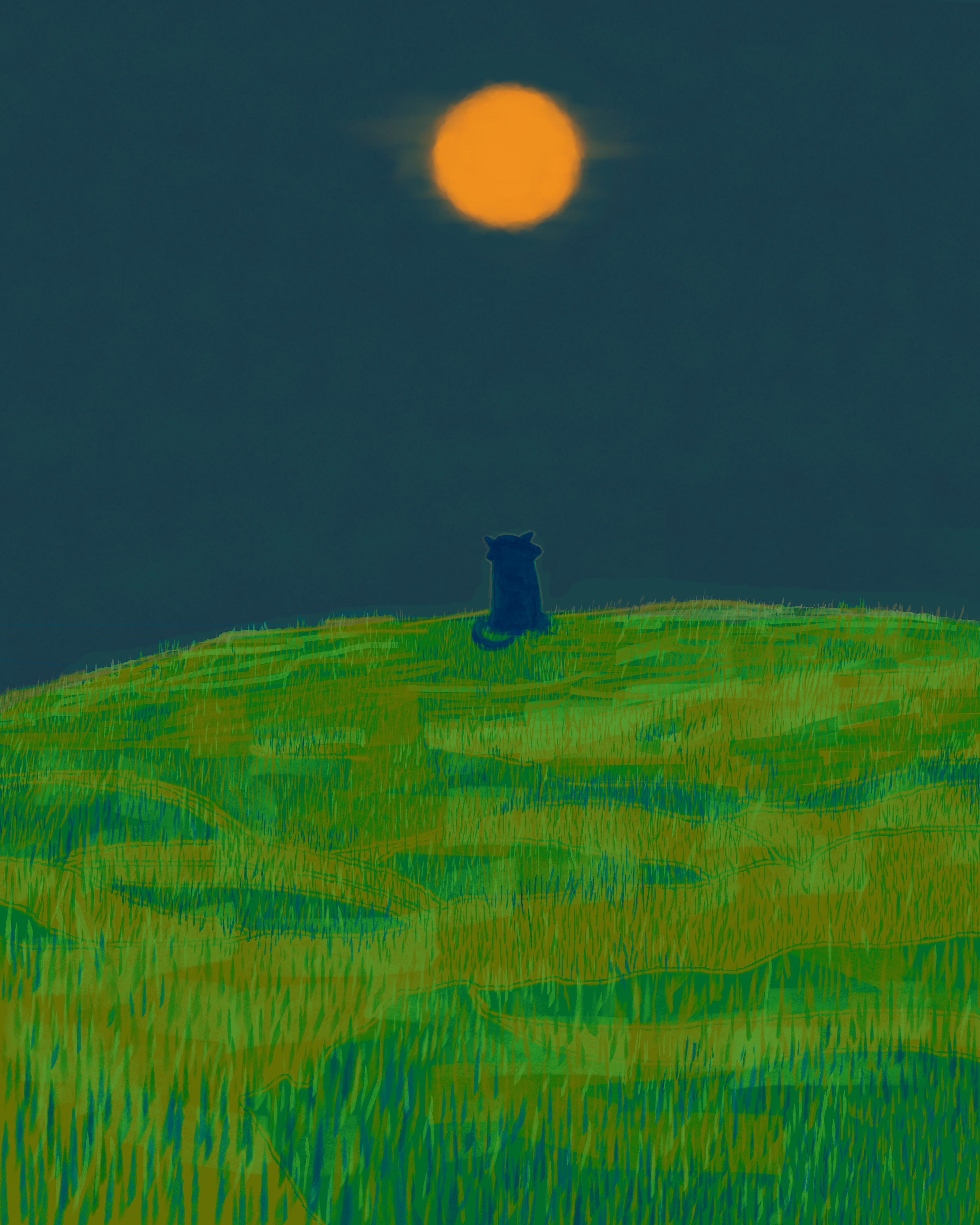 cat under the moon by Joash ng - cat on grassy hill under full moon