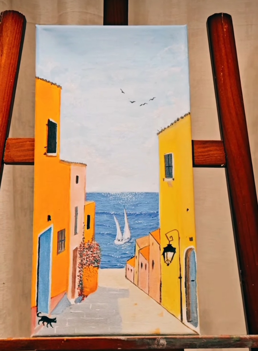 "Lets go for a walk" by Alagoz Osmanova, depiction of vibrant coastal scene with colorful buildings