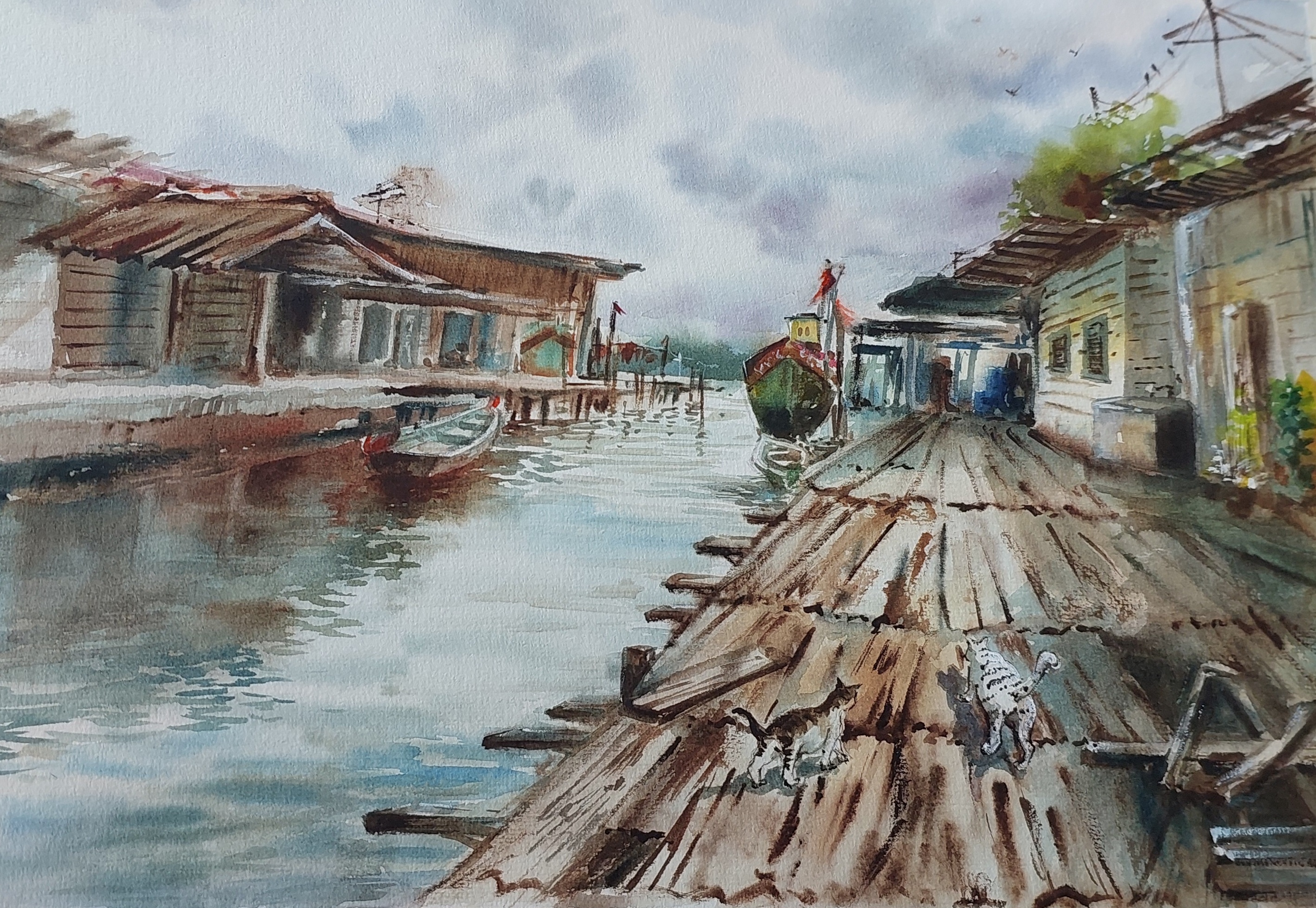 Tranquility of the clan jetty by Cheong Mei Quin - serene scene of a traditional fishing village