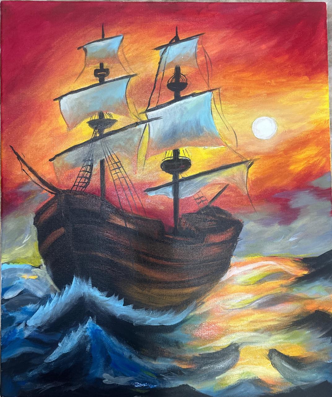 Voyage Through the Burning Horizon by Sharathvignesh Shenthilkumar, grand ship at sea during sunset