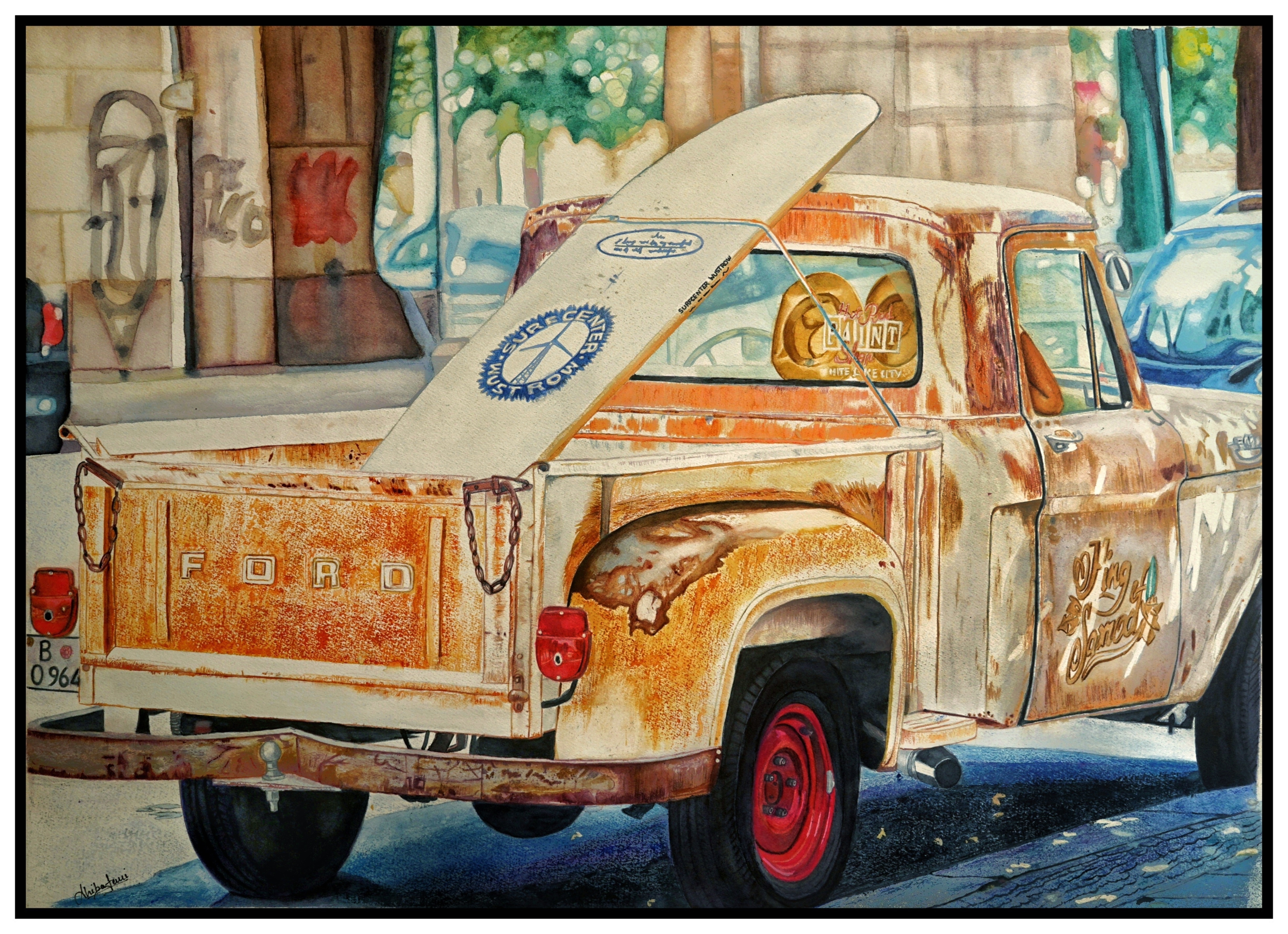 Strings of Freedom - Watercolour by SHIBA VARGHESE, featuring a vintage pickup truck with a surfboard in a sunlit street setting