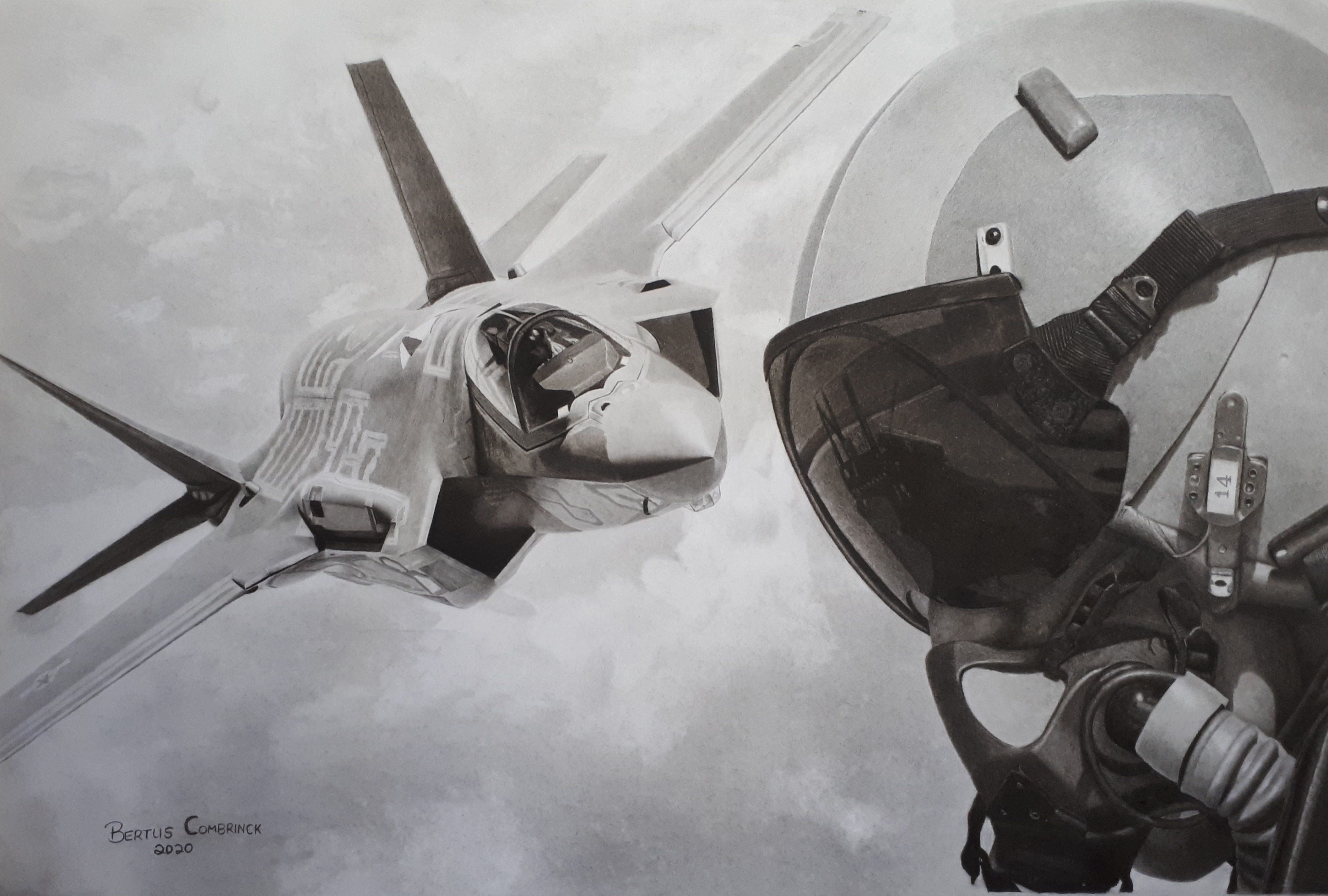 Maverick by Bertus Combrinck, monochrome jet fighter and helmet