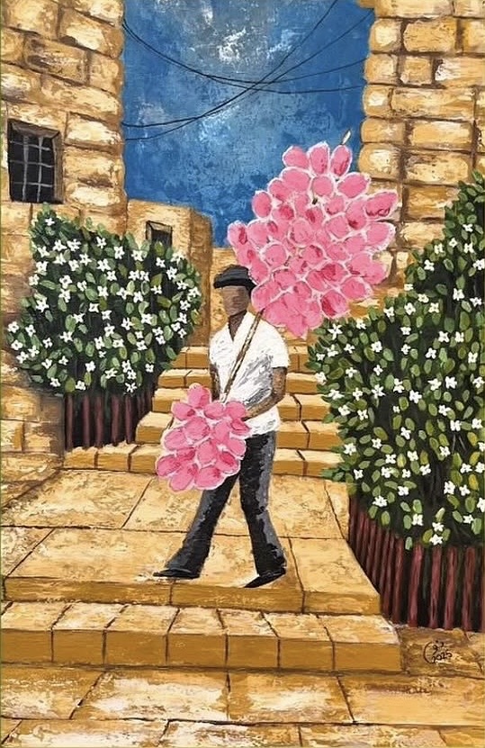 the cotton candy man”Neighbourhood stories” by Noor AlShamaileh, a man with cotton candy in a rustic neighborhood