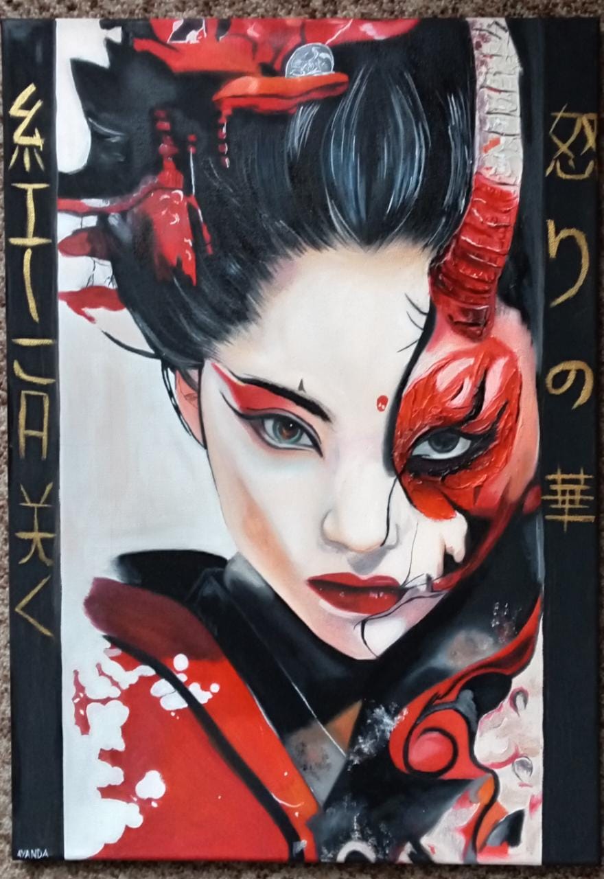 The Crimson Mask by Ayanda Mashaba, striking portrait with red mask