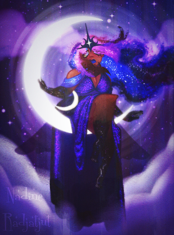 Zaelia in the moonlight by Nadine Fawwazie Zahirannur Radjatjut, central figure with crescent moon