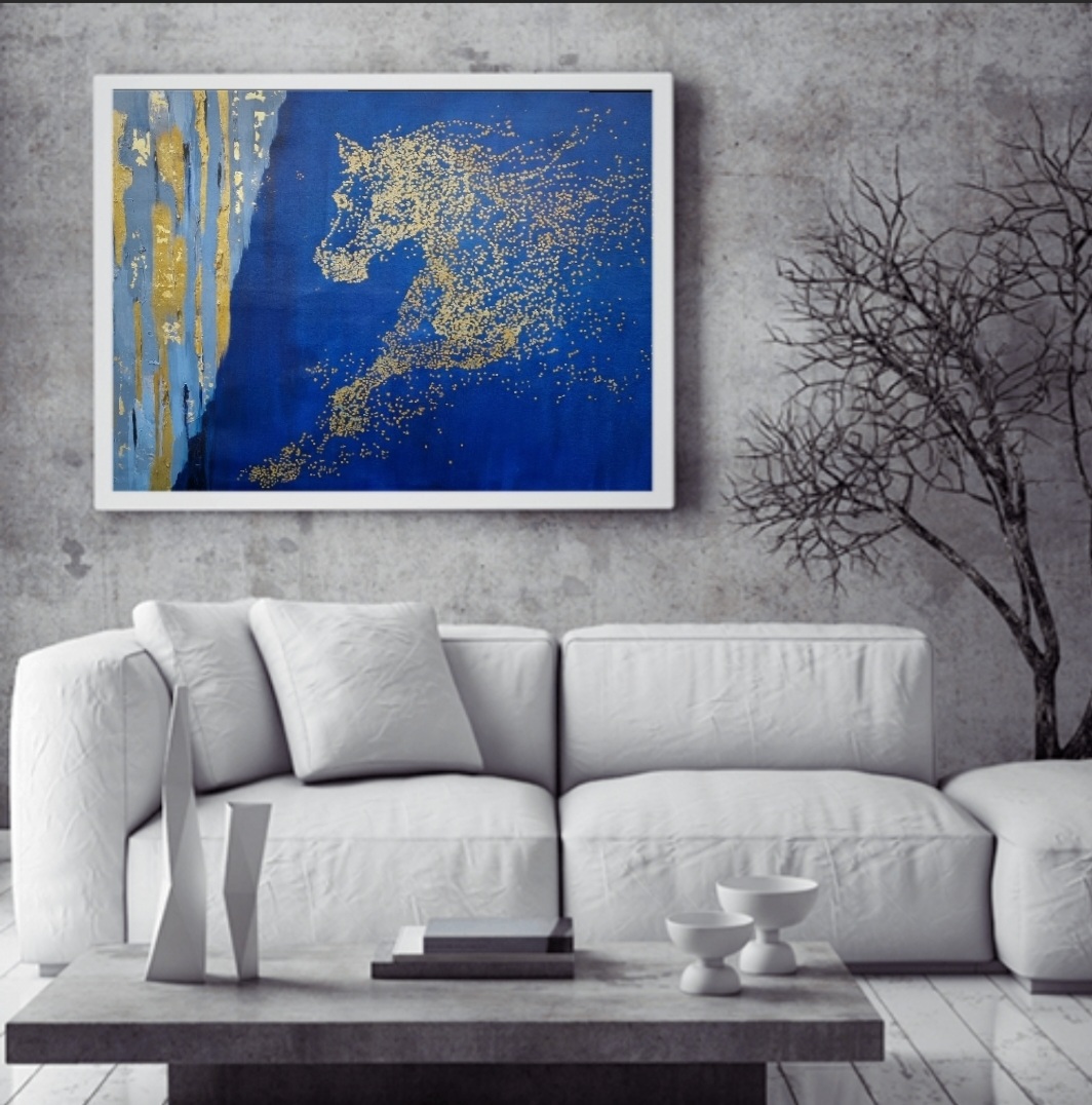 Golden horse by Aditi Gupta, abstract horse with gold leaf on blue background