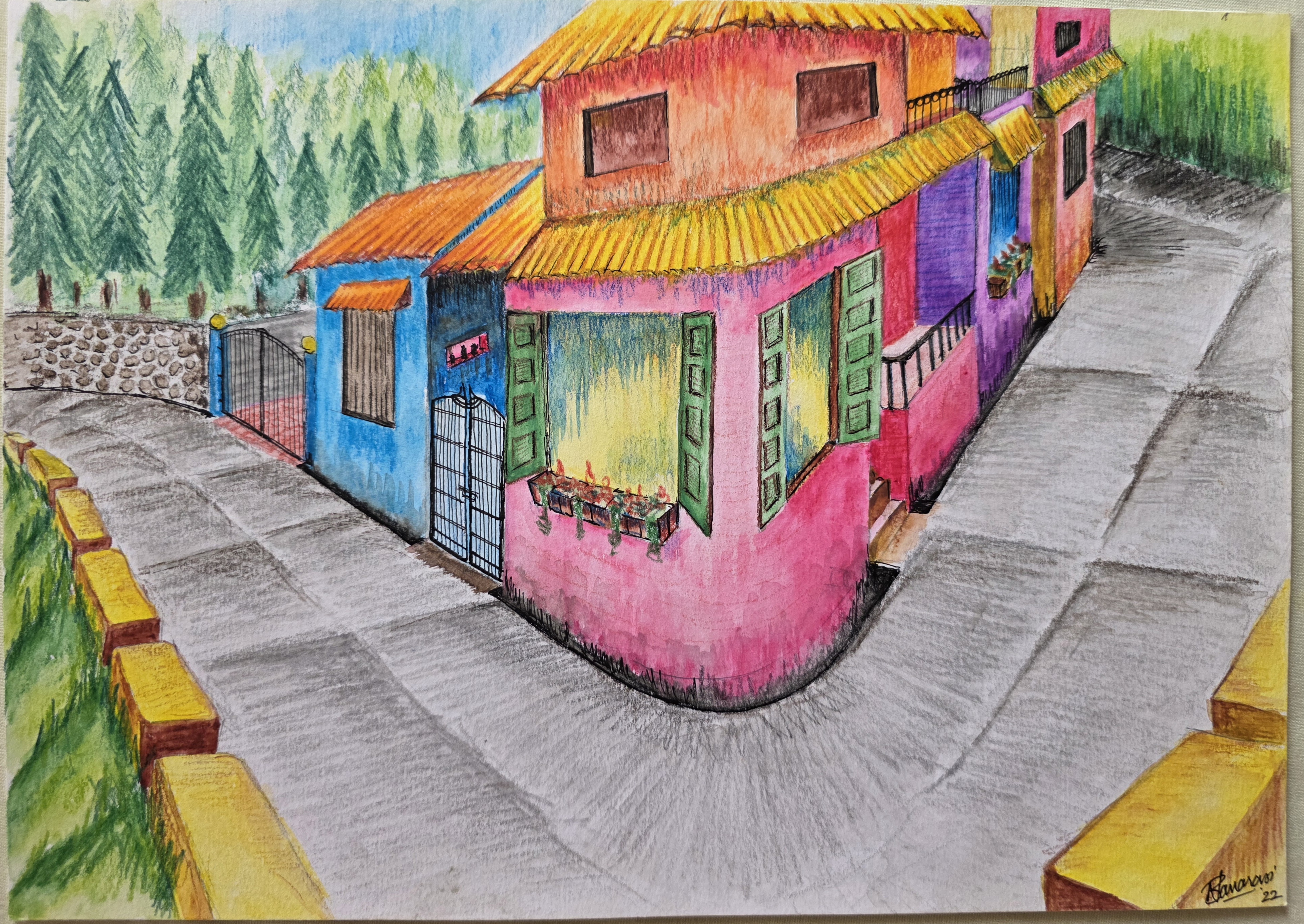 Colours of the Hillside by Bhavin Vanarasi, vibrant hillside with colorful houses