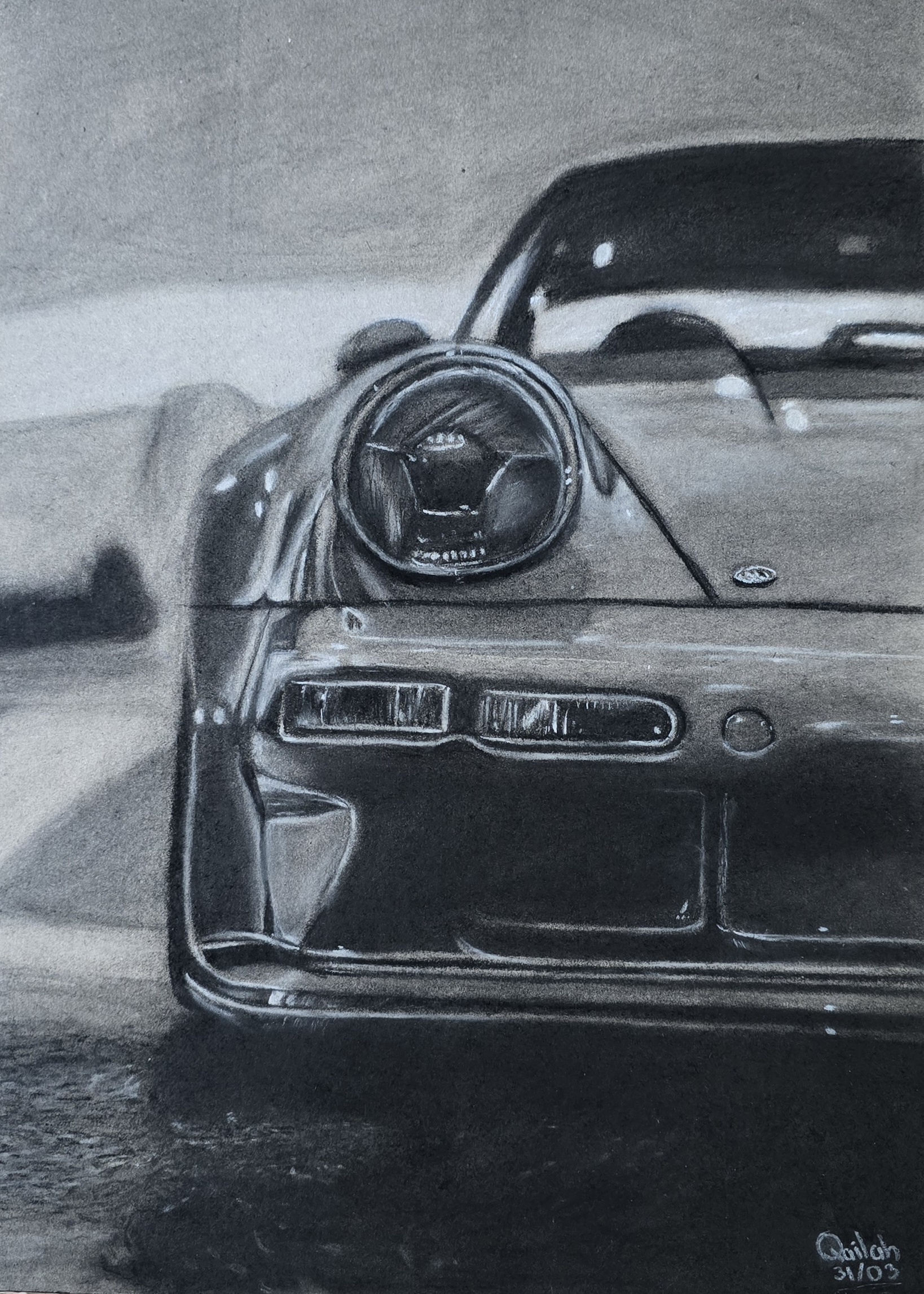 Dads Dream by Qailah Seedat - detailed charcoal rendering of a sports car