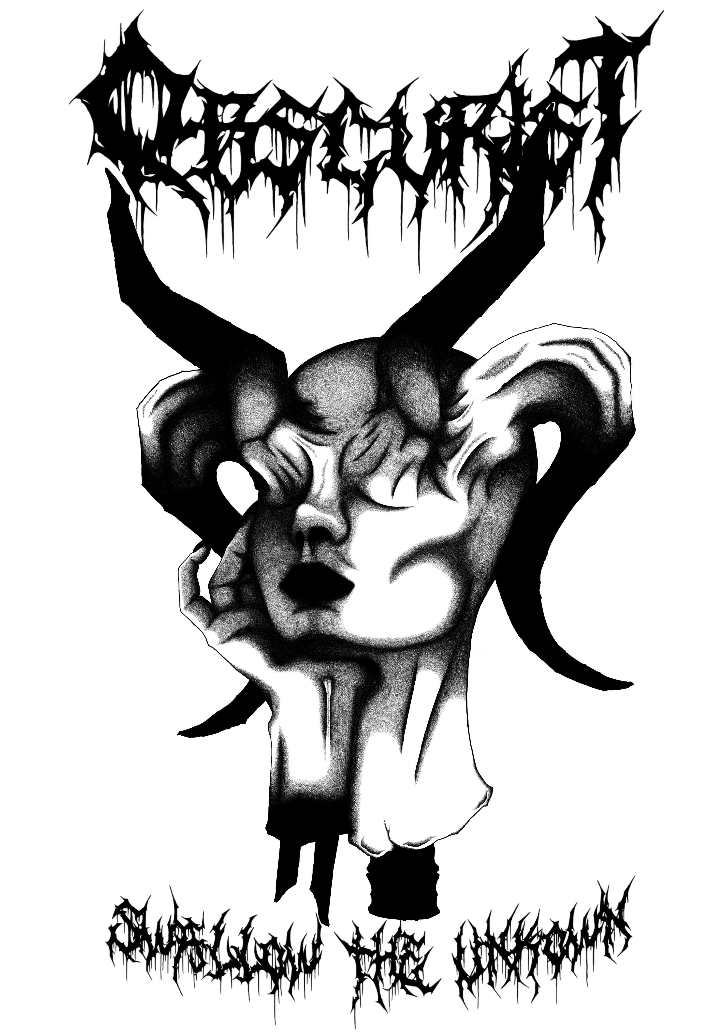 Women of horns by Keaton Brown, stylized face with horns in monochrome
