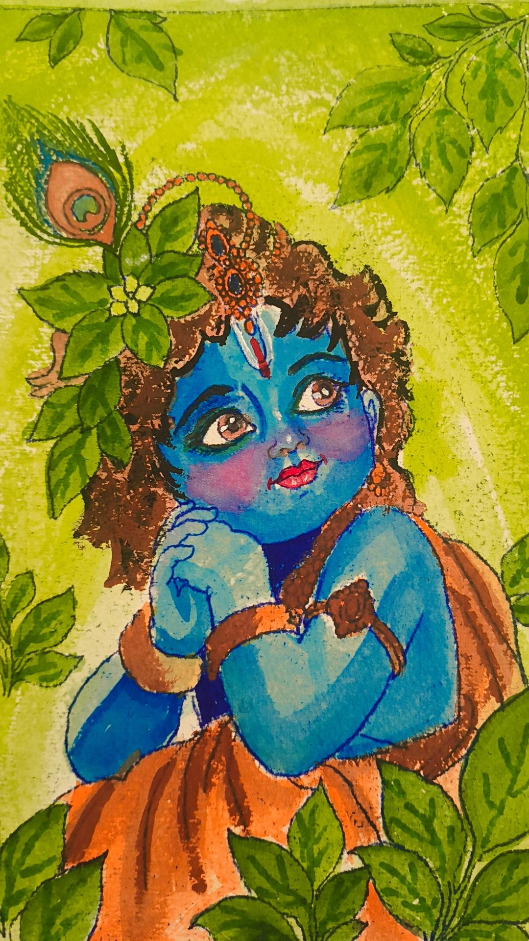 Bal Gopal by Varuni Sinha, depicting a young Krishna with vivid blue complexion and a peacock feather