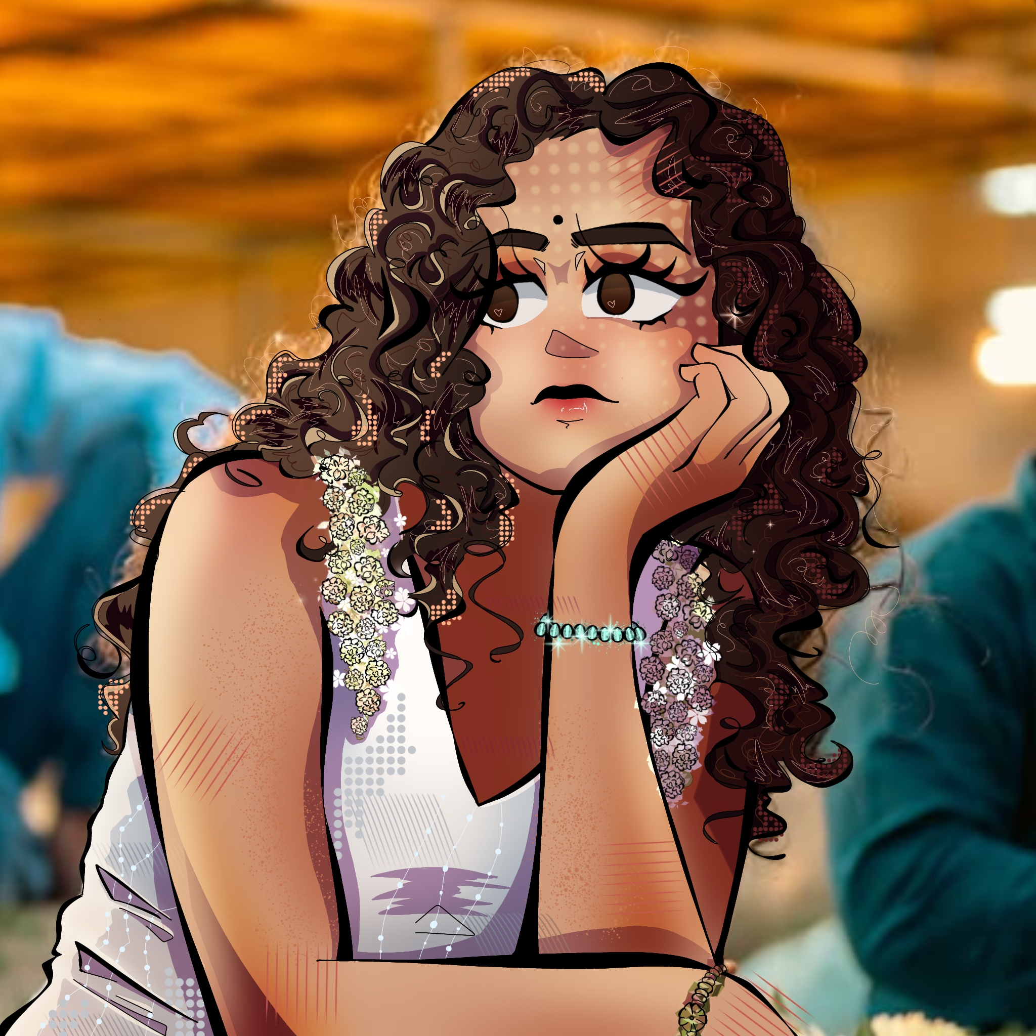 Petal and portrait by Danika Vosloo, showing a young woman with curly brown hair in a flower market