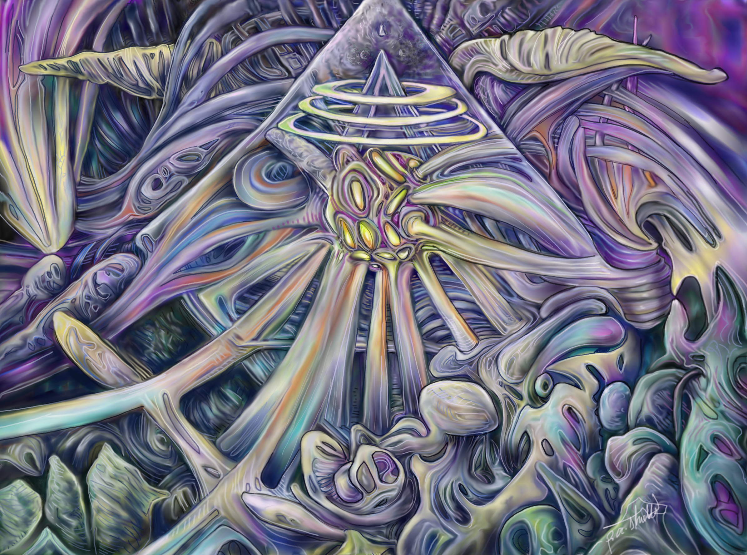 paul shields by paul shields - surreal scene with abstract forms and pyramid