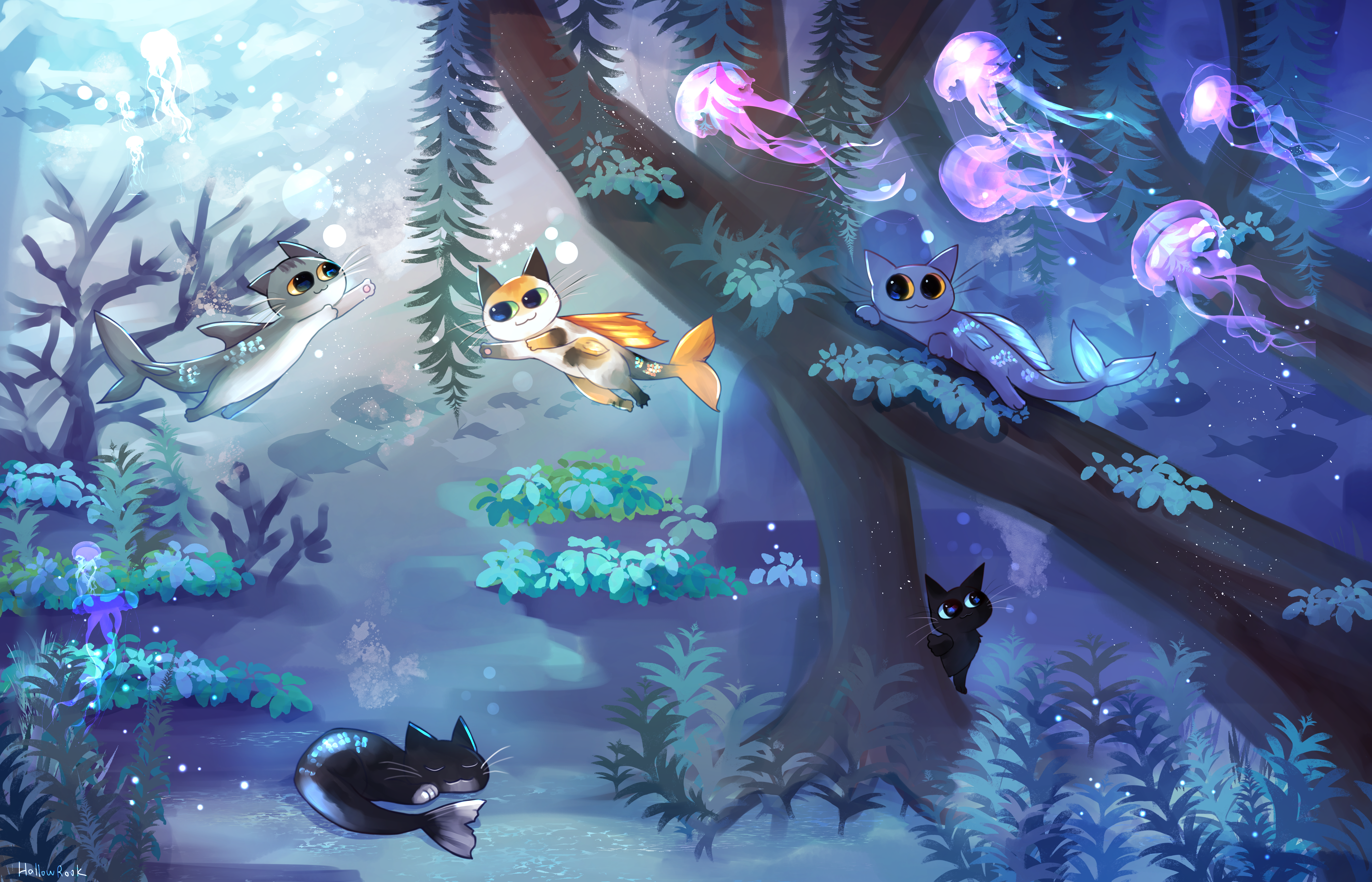 Enchanted Sea Forest by Wu Sheng, whimsical underwater scene with merkitties