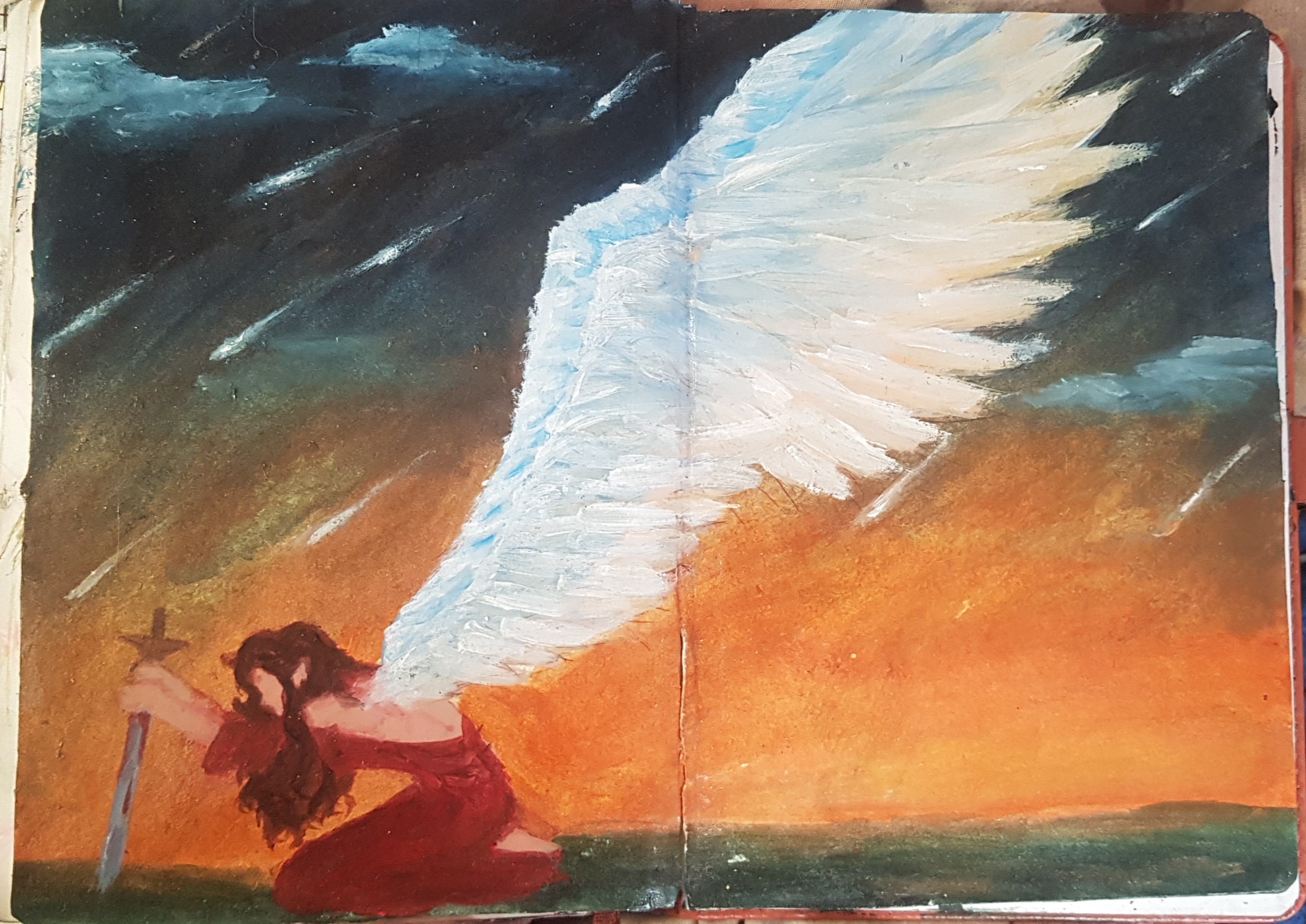 Reach to the sky by Saarah Gallow - kneeling figure with white wing against dramatic sky