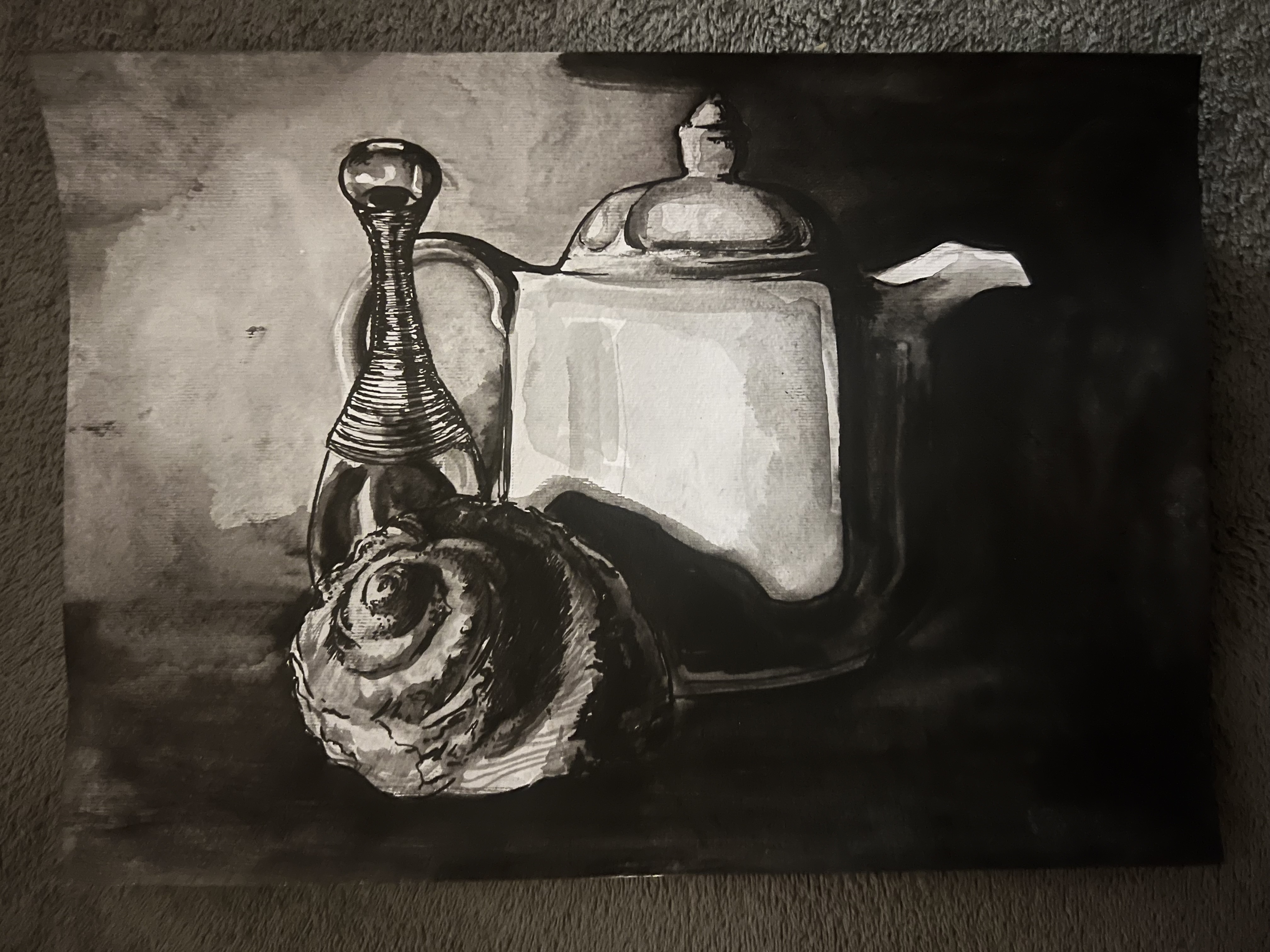 Things That Feel Like Me by Diana Du Toit - still life with perfume bottle, teapot, and shell