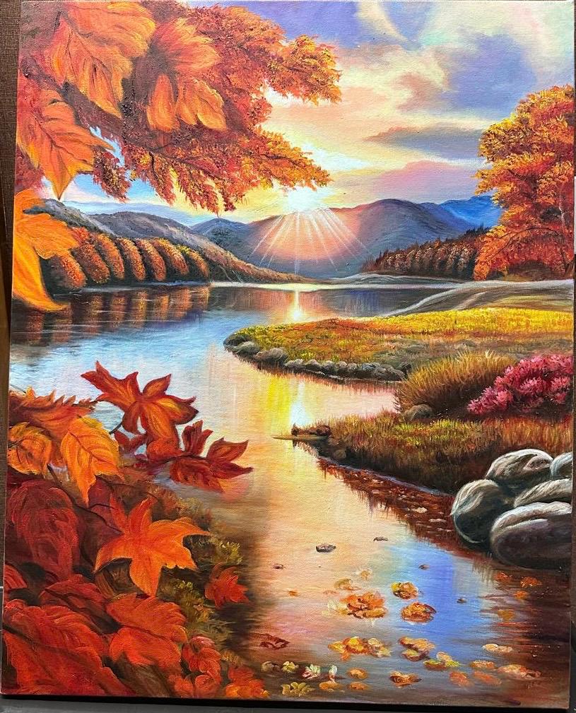 Whispers of Autumn Light by Hemaxi Shah - vibrant autumn leaves and tranquil river