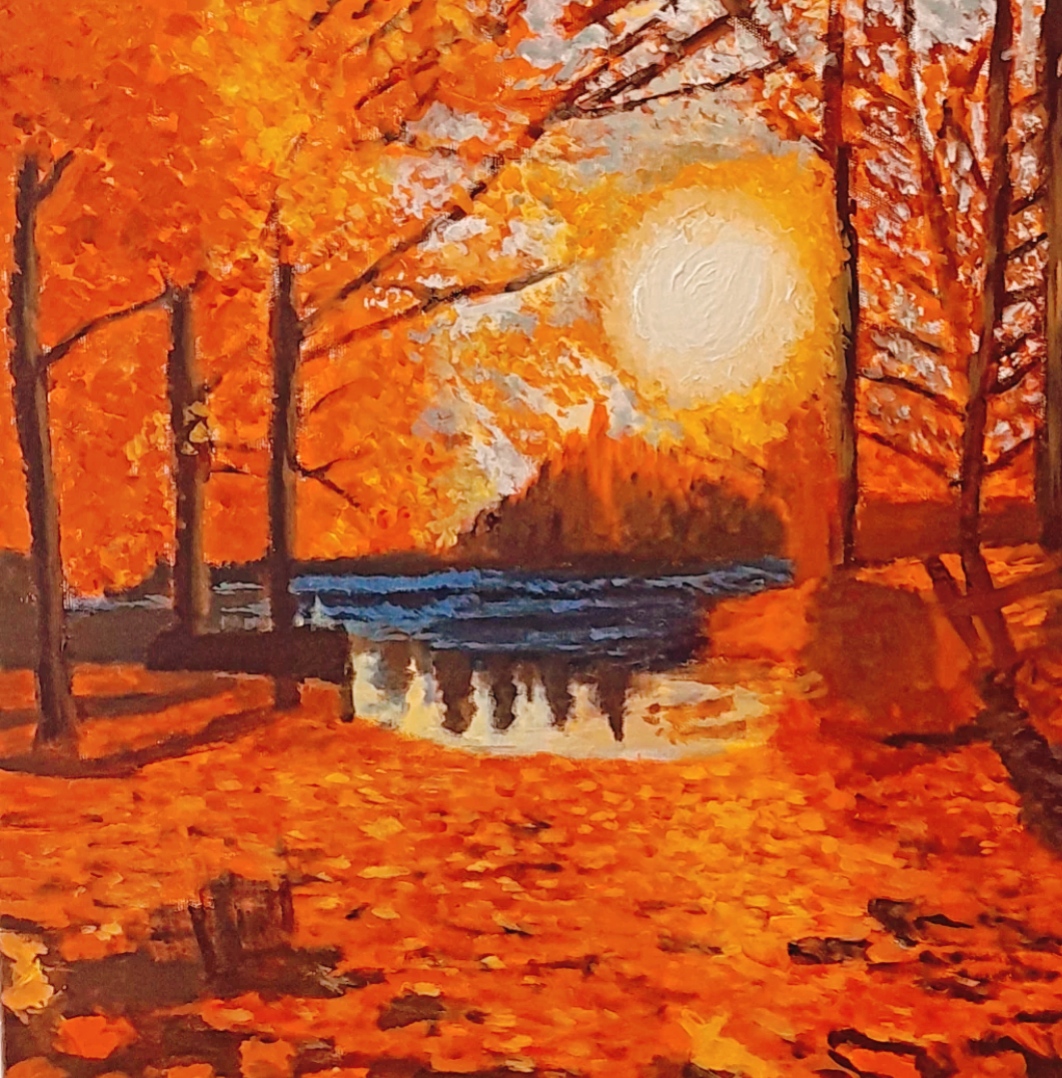 Autumn Scenery by Han Meizhen Sabrina, a vibrant autumn landscape with warm orange and red tones