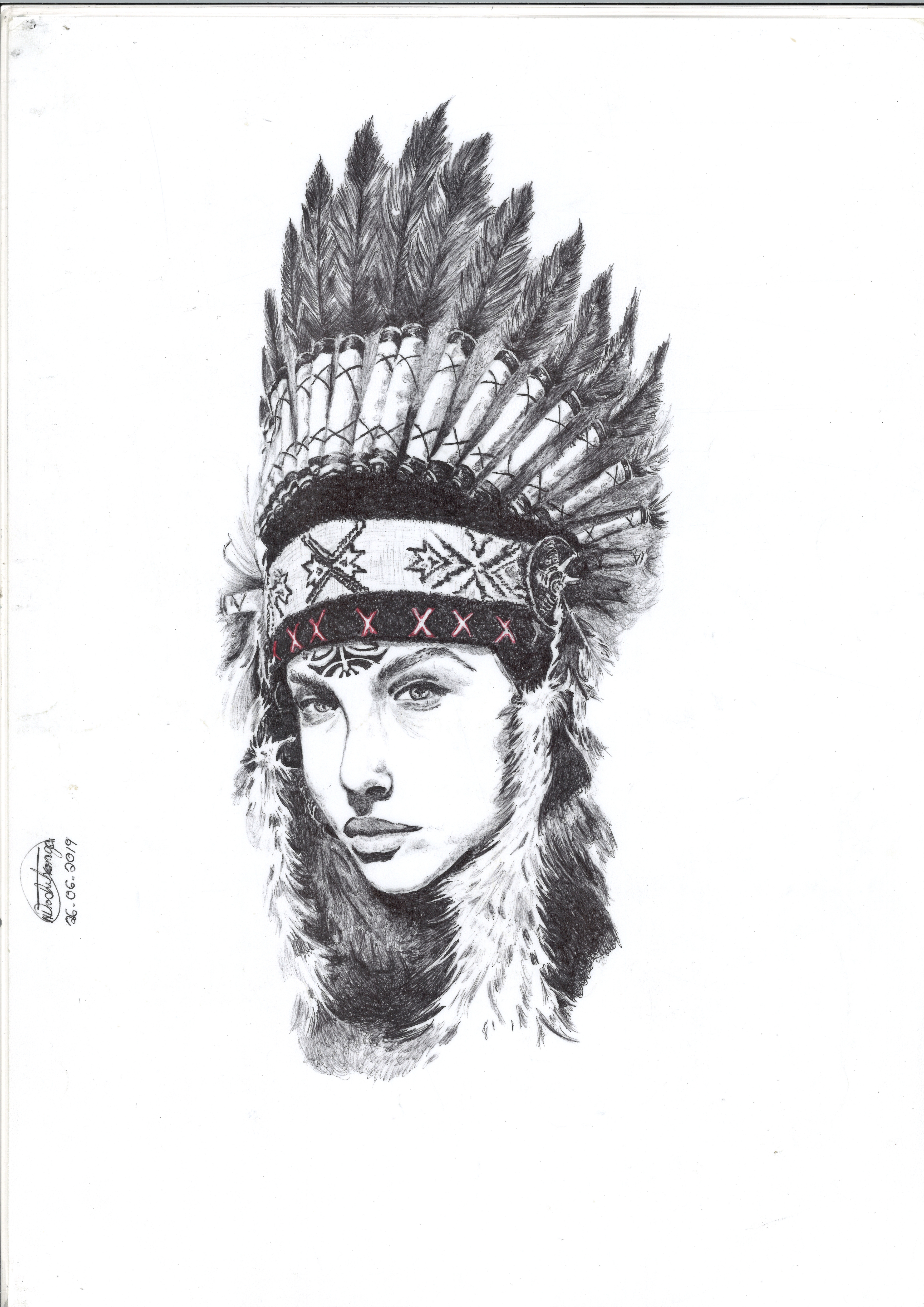 Aboriginal woman by Risto Nashihanga, portrait with traditional feathered headdress