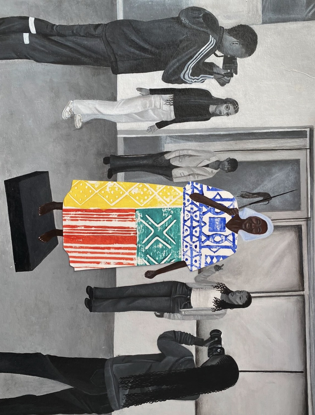 Cultural Amnesia by Joëlle Nuulimba, grayscale urban scene with five figures