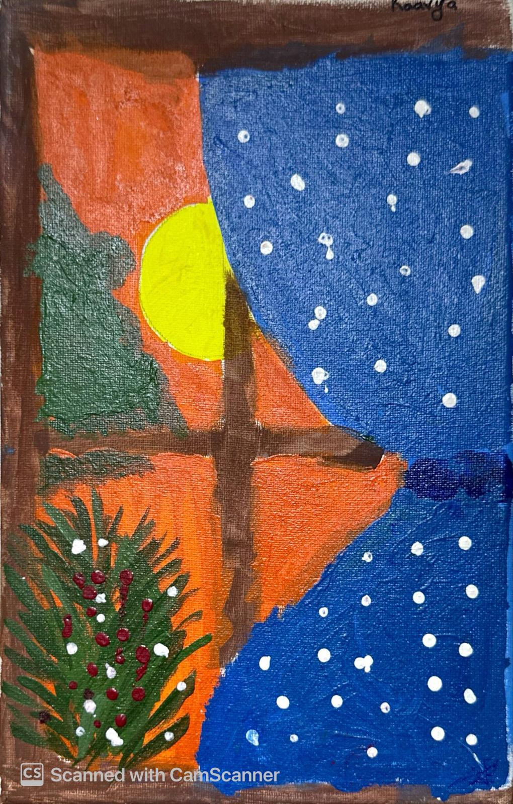 ACRYLIC PAINTING by Kaavya Karmakar, a window scene with sun and foliage