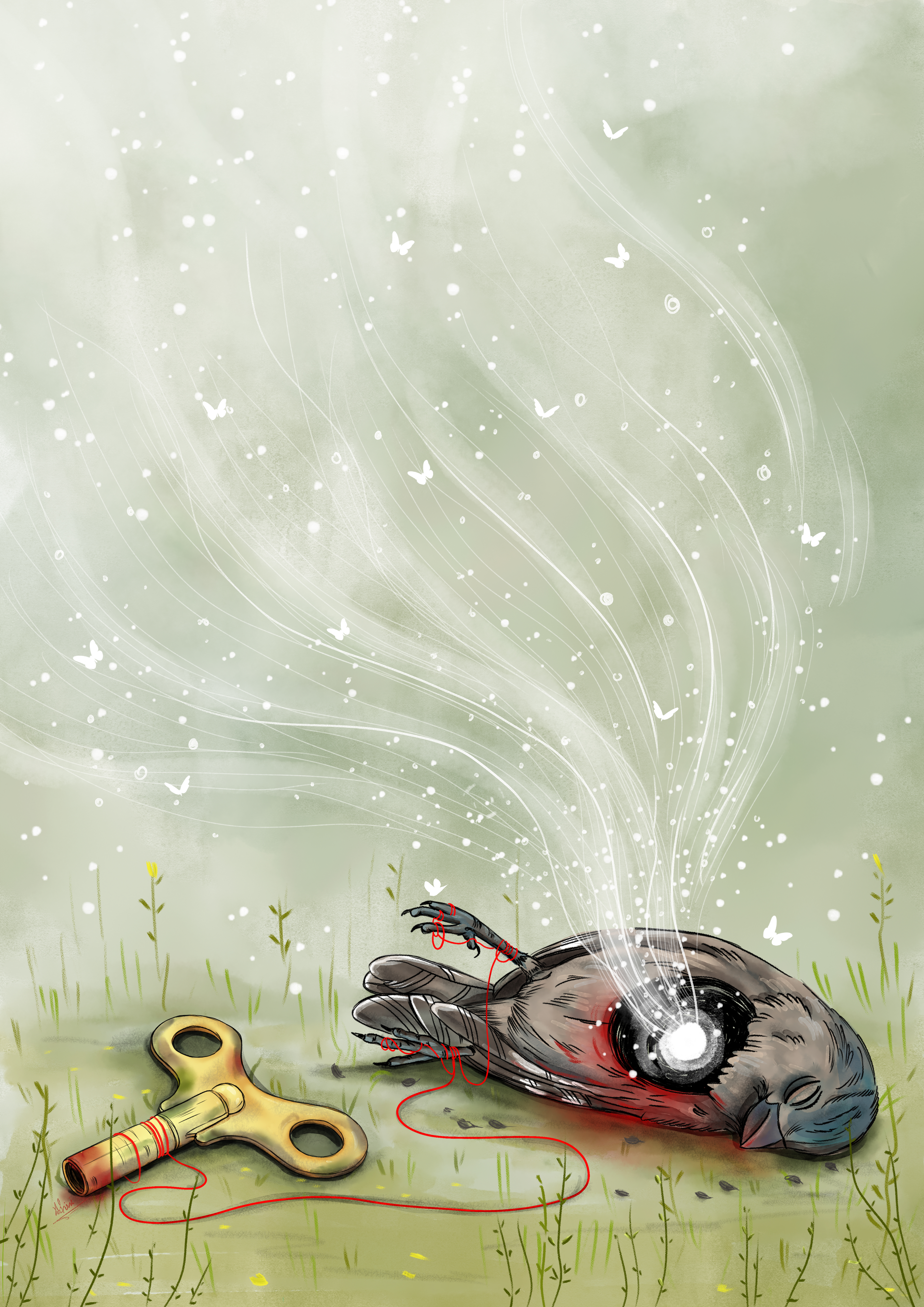 I Killed My Mockingbird by Achini Madhushika Jayarathna - lifeless bird with gray and black feathers, red mark, ethereal wisps