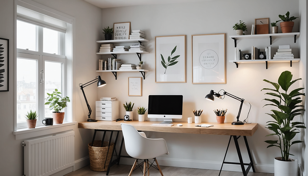 Modern home office with wooden desk, computer, plants, and black lamps. Art prints and books on white shelves create a calm ambiance.
