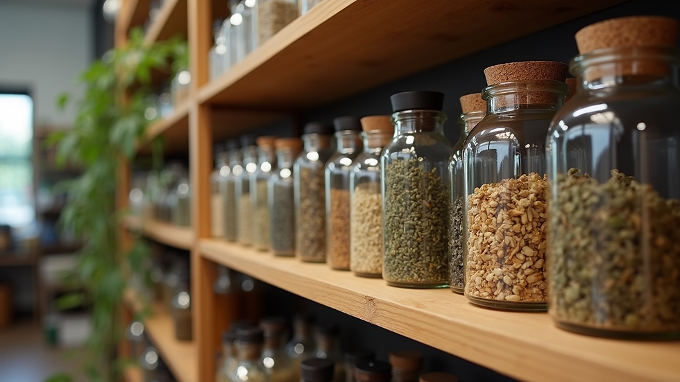 Eye-level view of a wooden shelf filled with jars of dried herbs and oils in a local herbal shop