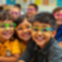 Smiling school children wearing colorful glasses, engaging in fun classroom acti....png