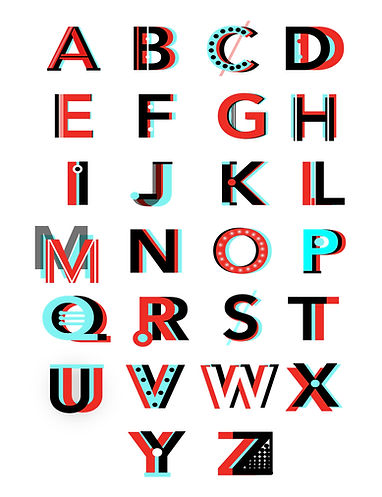 3D typography poster in red, cyan, white, and black by Trina Elizabeth Billings.