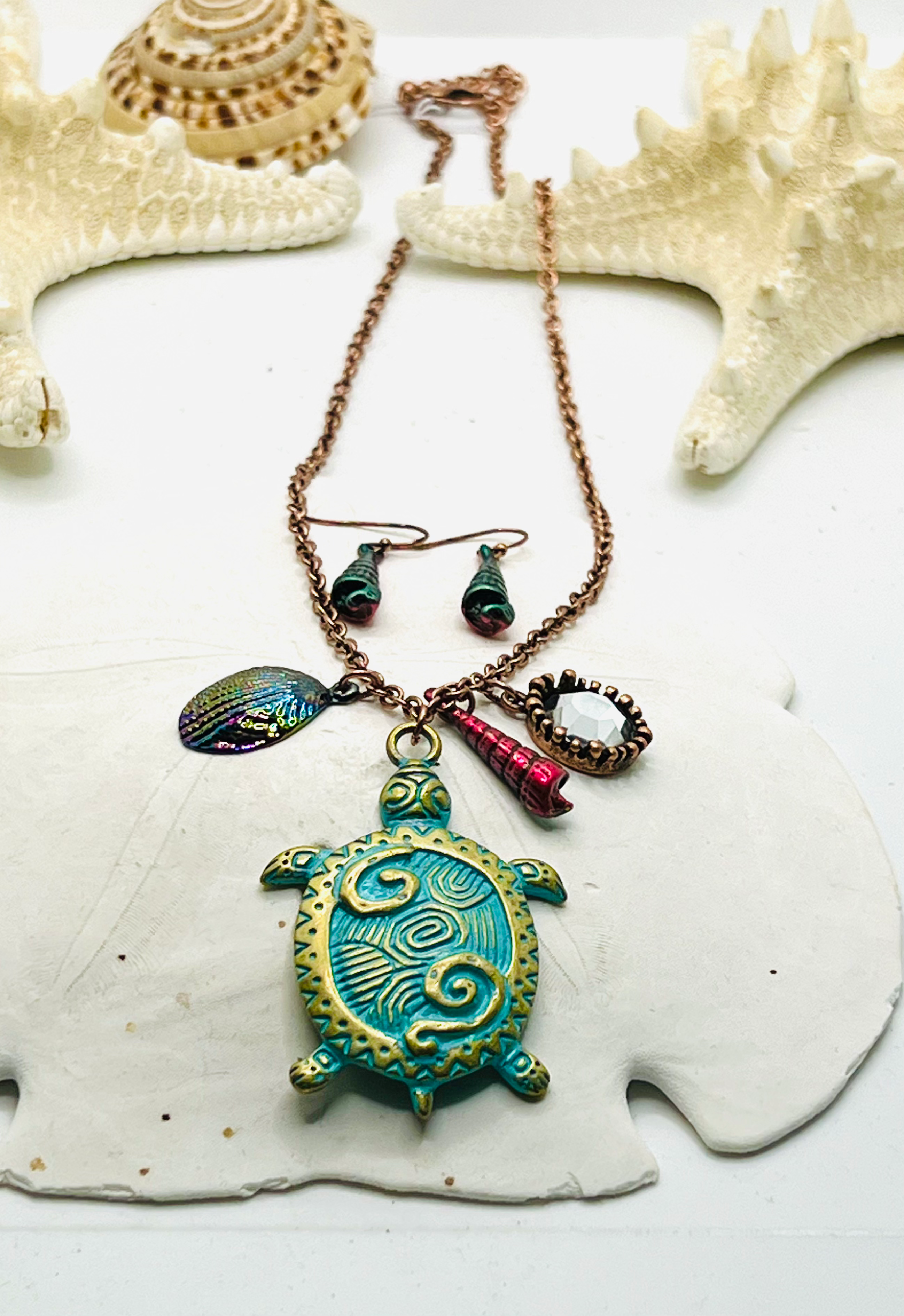 Beautiful Antique turtle necklace with shell charms