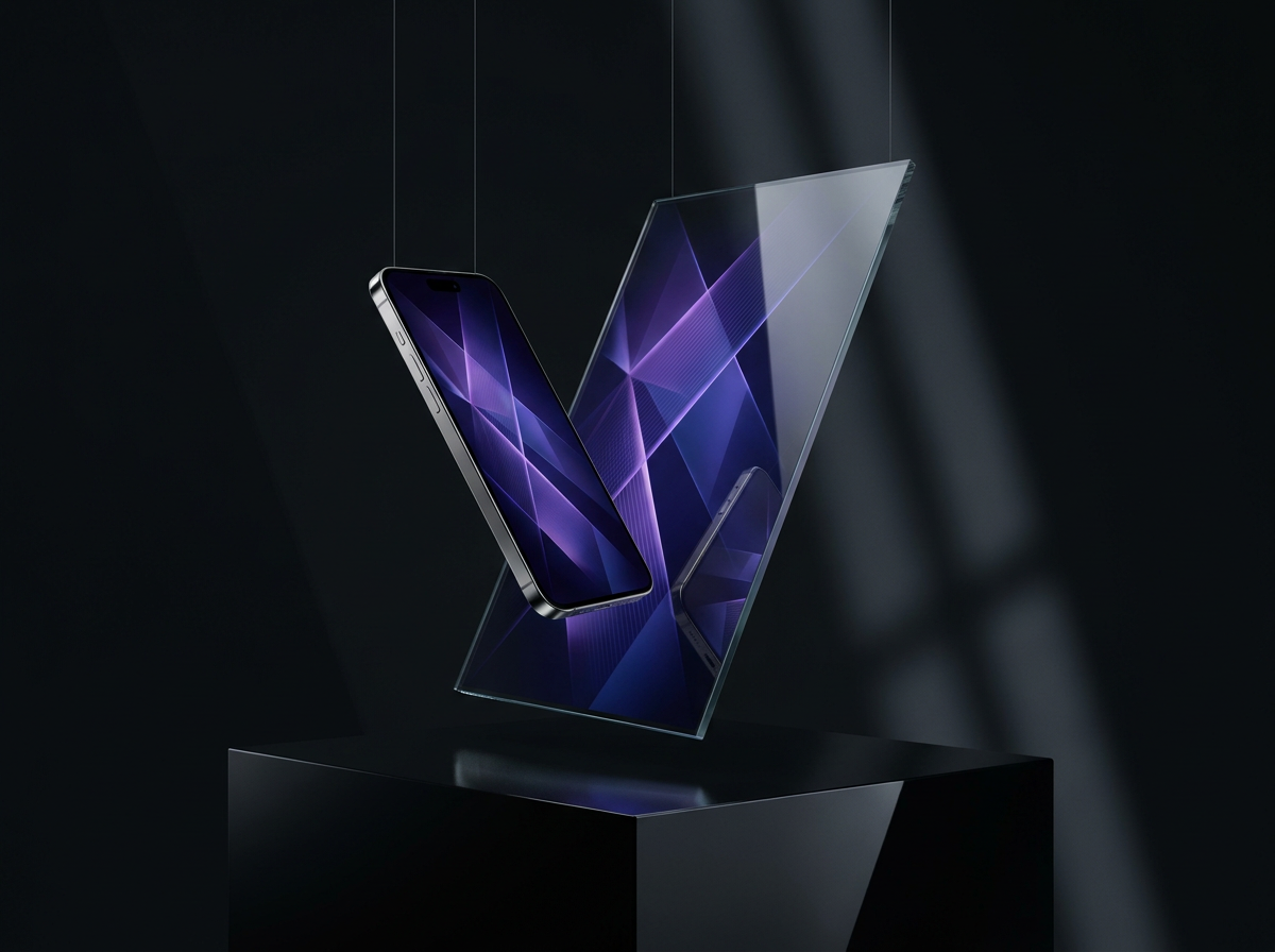 Conceptual digital devices in glass and titanium, lit in violet