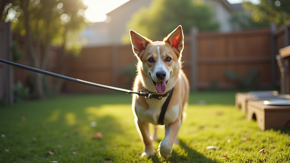 Close-up view of a dog on a leash in a fenced backyard with shade and water bowl