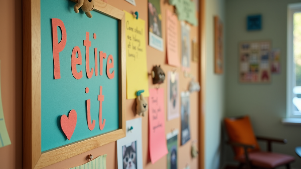 Close-up view of a colorful pet-themed bulletin board with notes and photos