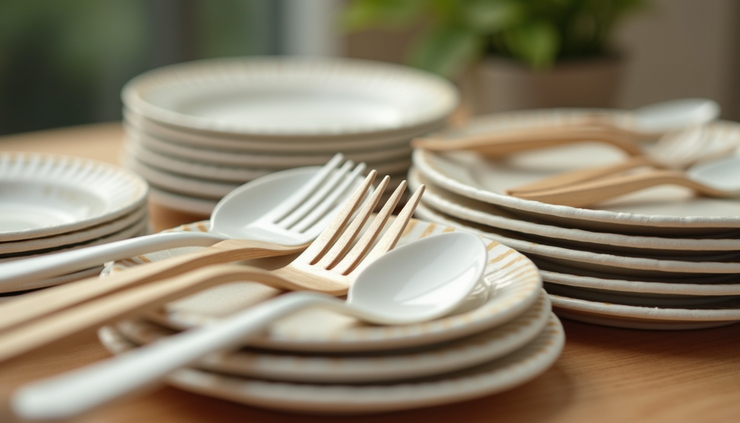 Close-up of bulk eco-friendly disposable cutlery and plates stacked neatly