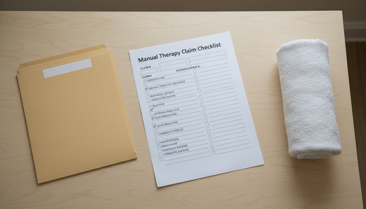 Overhead view of a treatment checklist, claim number field, and referral folder placed on a therapy table with a rolled towel