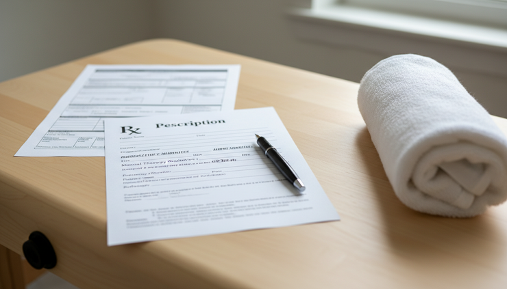 Close-up view of a doctor's prescription form and therapy intake paperwork resting on a clean treatment table beside a folded towel