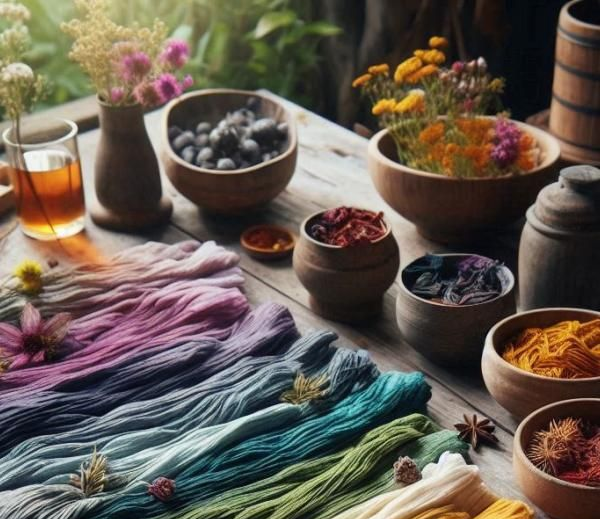 Textile workers using plant-based dyes in sustainable fabric production.