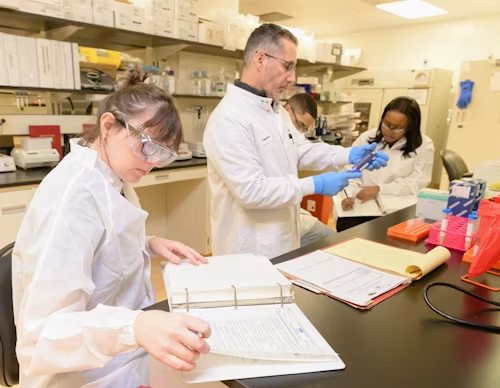 Researchers working in a university laboratory amid new research security concerns.
