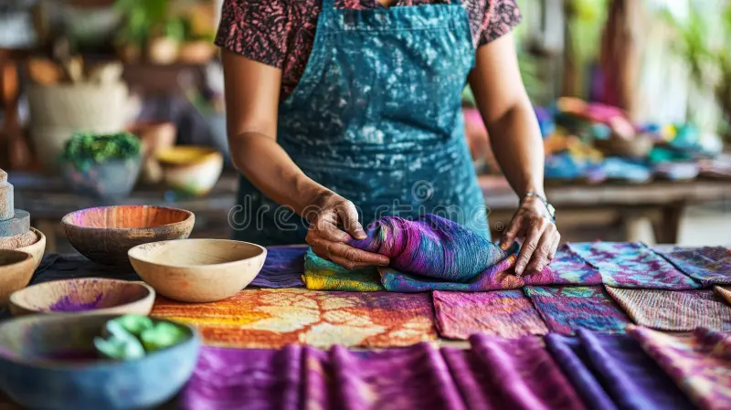 Artisans using traditional plant-based dyeing techniques on fabrics.