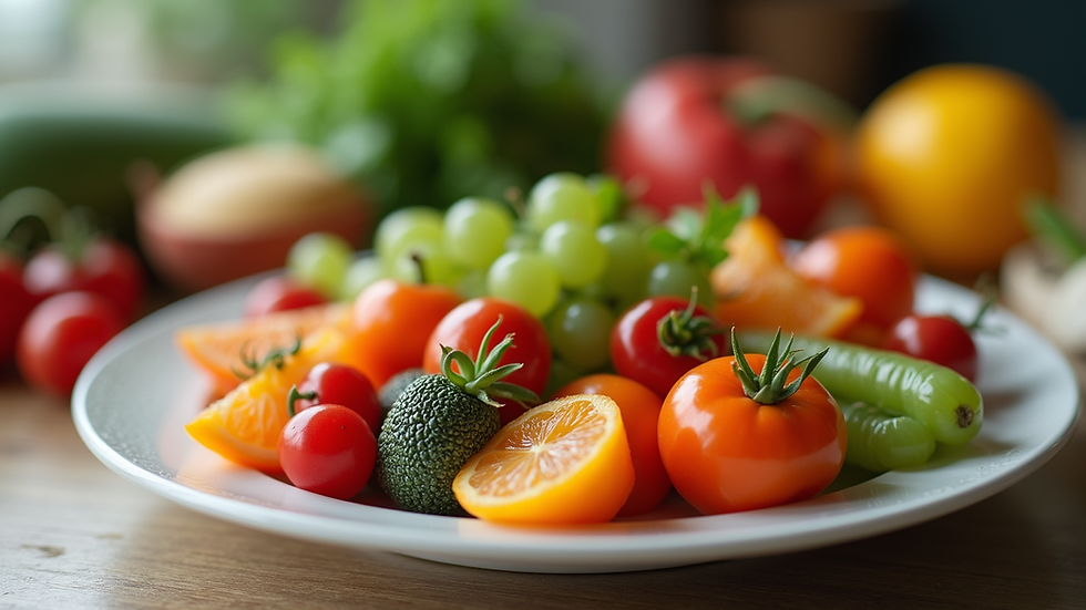 Eye-level view of a colorful plate filled with fresh fruits and vegetables