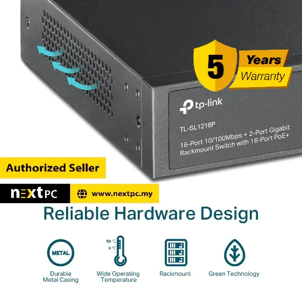 Thumbnail: TP-LINK TL-SL1218P 16-Port 10/100 Mbps + 2-Port Gigabit Rackmount Switch
