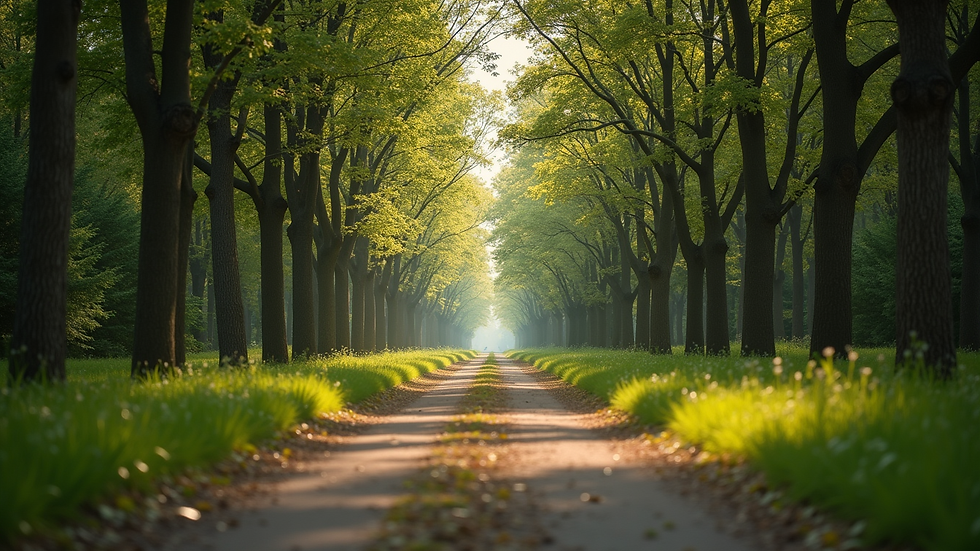 Eye-level view of a serene nature path surrounded by trees