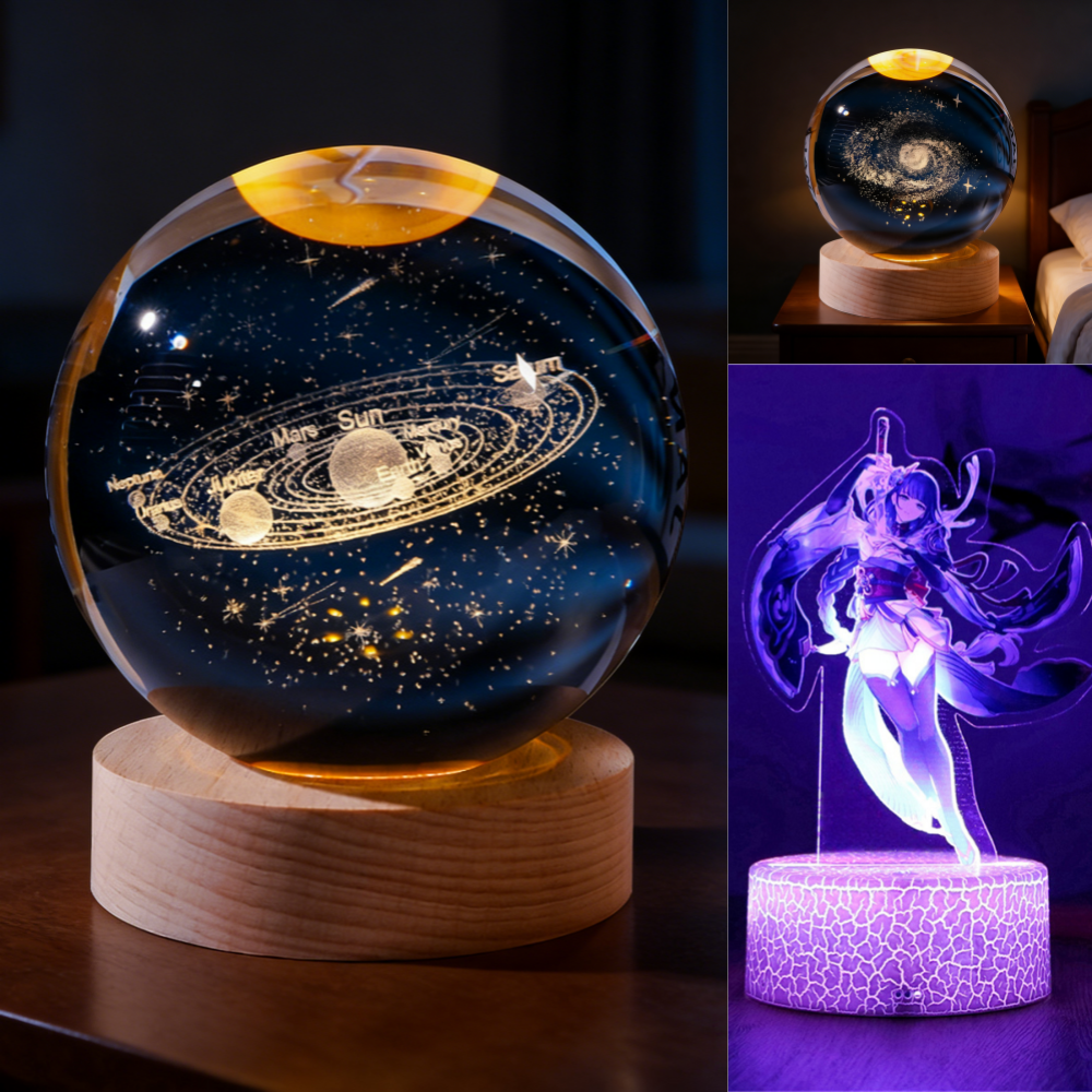 🔮 Luminária 3D Bola de Cristal Galáxia – LED USB Decoração Geek